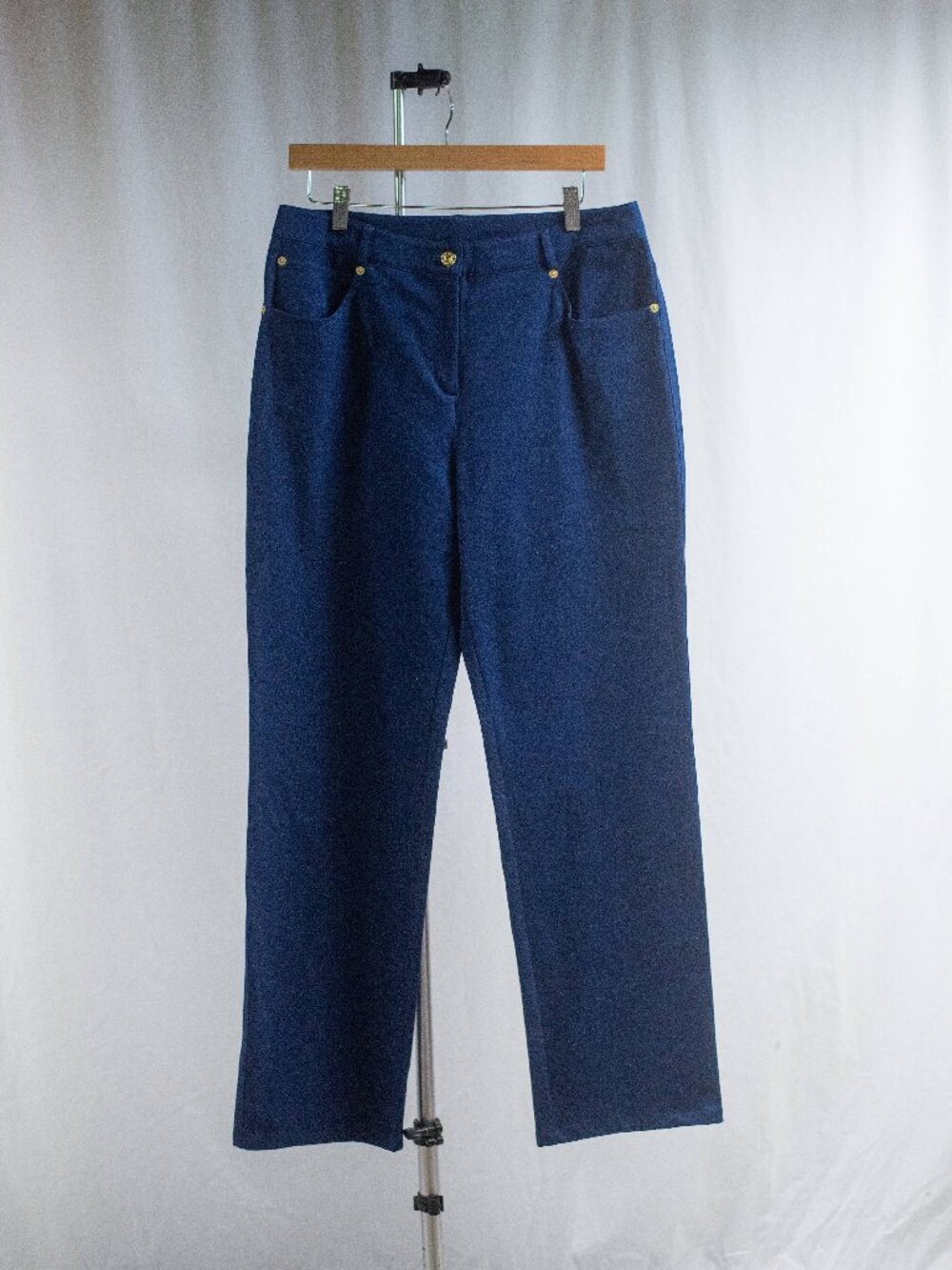 St. John Blue Classic Pants with Gold Button Hardware